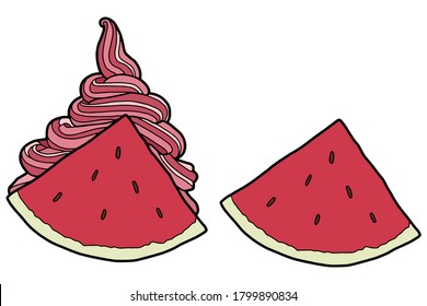 Vektorgrafik. Handzieheis. Wassermelone Eiscreme Sandwich. Frisch gedruckt.