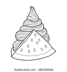 Vector illustration. Hand drawing ice cream. Coloring page. Watermelon Ice Cream Sandwich. Cute print.