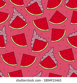 Vector illustration. Hand drawing ice cream. Watermelon Ice Cream Sandwich. Cute print. Red watermelon. Unusual dessert. Seamless background