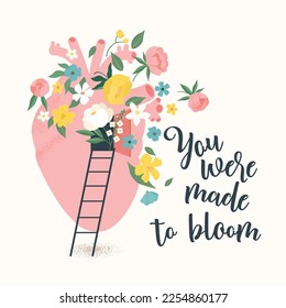 Vector illustration with hand drawing italic inscription and blooming human heart. Declaration of love Valentine's day card. You were made to bloom.