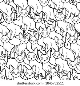 Vector illustration. Hand drawing lineart. Seamless background. Coloring page. Lots of cute kittens. Doodle with cats.