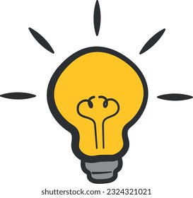 Vector illustration of hand drawing of a lit light bulb. Idea and creativity concept.