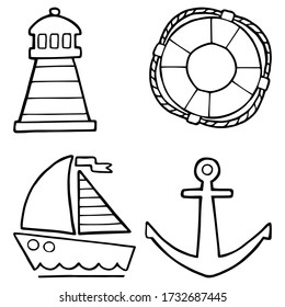 Vector illustration. Hand drawing marine icons. Cruise. Ocean. Lighthouse, lifebuoy, anchor, yacht. Isolated on white. Black line.
