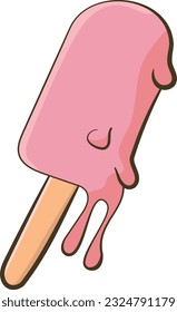 Vector illustration of a hand drawing of a melting popsicle. Strawberry ice cream.