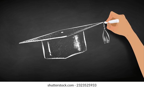 Vector illustration of hand drawing mortarboard hat with chalk on chalkboard background