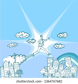 Vector illustration, hand drawing, motivation concept of success, leaping the obstacle, leading people, success habit.