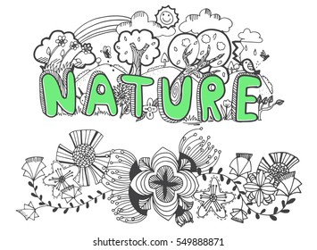 vector illustration of hand drawing nature with flower doodle in black line