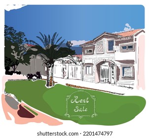 vector illustration, hand drawing of old town, street, palm tree and house or villa with lawn against mountains and blue sky. Postcard, banner, invitation, discount, sale, rent, advertising