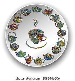 Vector illustration. Hand drawing on a graphic tablet.Pattern with teapots decorated ethnic ornament.