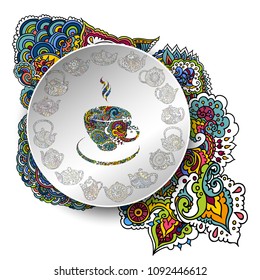 Vector illustration. Hand drawing on a graphic tablet.Pattern with teapots decorated ethnic ornament.