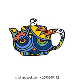 Vector illustration. Hand drawing on a graphic tablet. Teapot in the ethnic ornament.