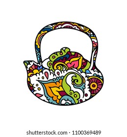 Vector illustration. Hand drawing on a graphic tablet. Teapot in the ethnic ornament.