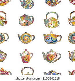 Vector illustration. Hand drawing on a graphic tablet. Seamless illustration consisting of a set of colorful teapots.