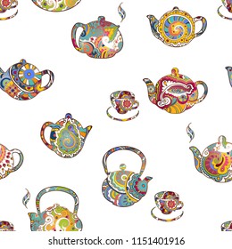 Vector illustration. Hand drawing on a graphic tablet. Seamless illustration consisting of a set of colorful teapots and cups.
