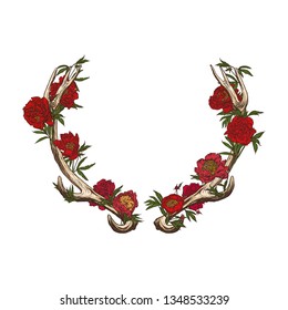 Vector illustration. Hand drawing on a graphic tablet. Deer horns with red peonies.