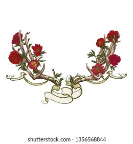 Vector illustration. Hand drawing on a graphic tablet.Antlers and peonies entwined ribbon.