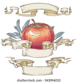 Vector illustration. Hand drawing on a graphic tablet.Ripe apples with leaves in ribbons.
