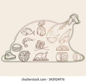 Vector illustration. Hand drawing on a graphic tablet icons food.