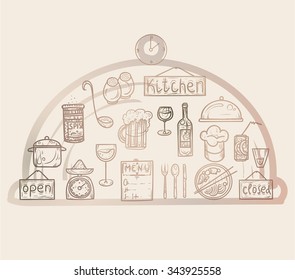Vector illustration. Hand drawing on a graphic tablet icons kitchen utensils.
