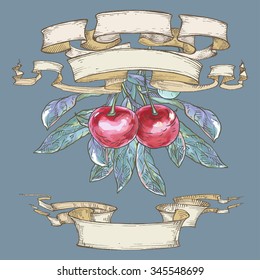 Vector illustration. Hand drawing on a graphic tablet. Red cherries with leaves in ribbons.