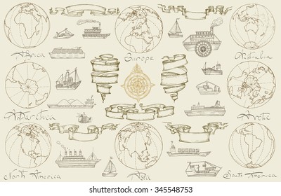 Vector illustration. Hand drawing. On the theme of sea travel with retro ships.