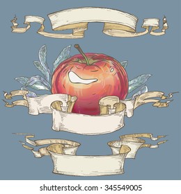Vector illustration. Hand drawing on a graphic tablet. Ripe apples with leaves in ribbons.