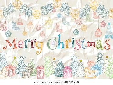 Vector illustration. Hand drawing on a graphic tablet .Christmas colored icons.