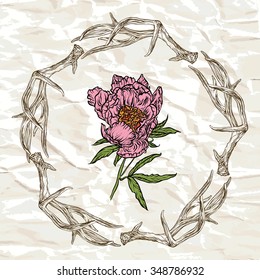 Vector illustration. Hand drawing on a graphic tablet.Antlers and red peony.