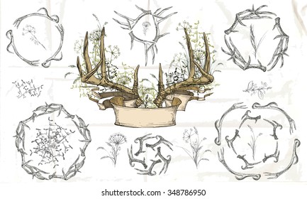 Vector illustration. Hand drawing on a graphic tablet.Antlers and herbs entwined ribbon.