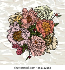 Vector illustration. Hand drawing on a graphic tablet.Bouquet of pink peonies.