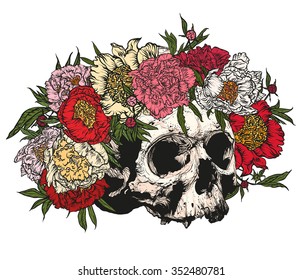 Vector illustration. Hand drawing on a graphic tablet.Human skull wearing a wreath of peonies on a white background.
