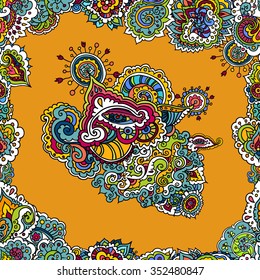 Vector illustration. Hand drawing on a graphic tablet.Indian colored pattern on a orange background.