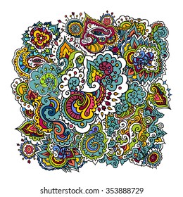 Vector illustration. Hand drawing on a graphic tablet.Indian colored pattern on a  white background.