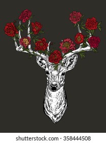 Vector illustration. Hand drawing on a graphic tablet. Horned deer with peonies on a dark background.