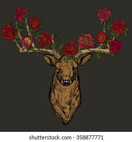 Vector illustration. Hand drawing on a graphic tablet.Horned deer with peonies .On a dark background.
