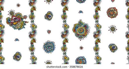 Vector illustration. Hand drawing on a graphic tablet.Indian colored seamless pattern on a white background.