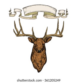 Vector illustration. Hand drawing on a graphic tablet.Horned deer with ribbon.On a white background.