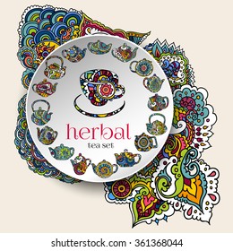 Vector illustration. Hand drawing on a graphic tablet.A set of teapots in the ethnic ornament.