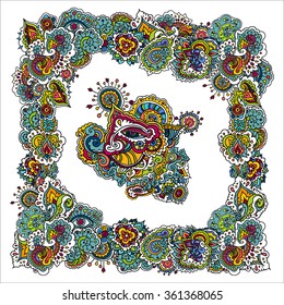 Vector illustration. Hand drawing on a graphic tablet.Indian colored pattern on a  white background.