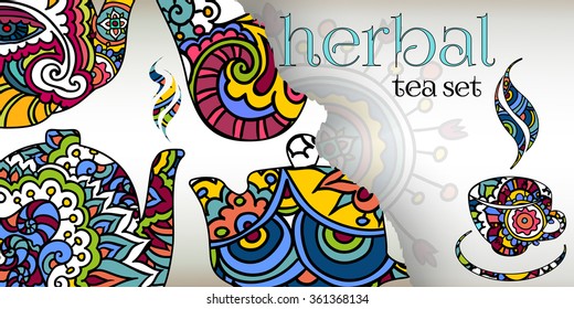 Vector illustration. Hand drawing on a graphic tablet.Card with a kettle, a modern ethnic ornaments.