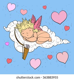 Vector illustration. Hand drawing on a graphic tablet.Sleeping on a cloud Cupid.