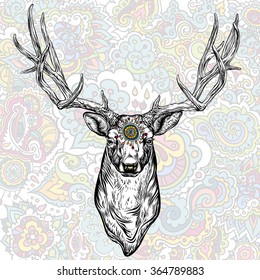 Vector illustration. Hand drawing on a graphic tablet. Horned deer with colored ornament. 