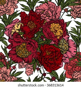 Vector illustration. Hand drawing on a graphic tablet.Seamless pattern  of red peonies. On a white background.