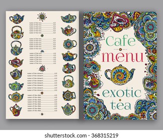 Vector illustration. Hand drawing on a graphic tablet.Tea menu, ethnic decorated ornament.
