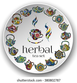 Vector illustration. Hand drawing on a graphic tablet.A set of teapots in the ethnic ornament.