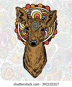 Vector illustration. Hand drawing on a graphic tablet. Deer with colored ornament. On a white background.