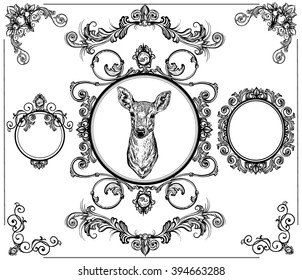 Vector illustration. Hand drawing on a graphic tablet.Set of vintage ornamental frames with a deer. On a white background.