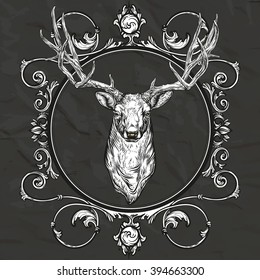 Vector illustration. Hand drawing on a graphic tablet.Set of vintage ornamental frames with a deer. Against the backdrop of crumpled  black paper.