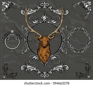 Vector illustration. Hand drawing on a graphic tablet.Set of vintage ornamental frames with a deer. On a gray background.
