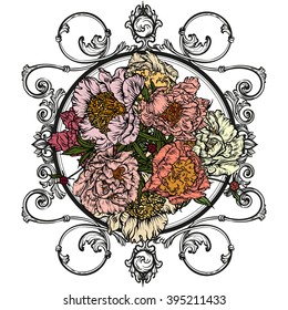 Vector illustration. Hand drawing on a graphic tablet.Peonies in a vintage frame.